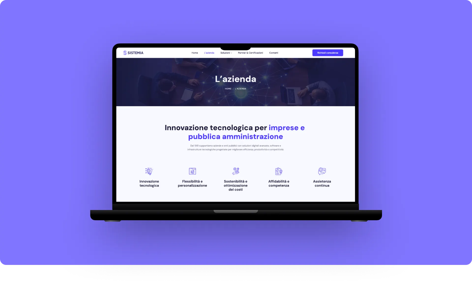 Sistemia homepage design with dark hero section and centered layout